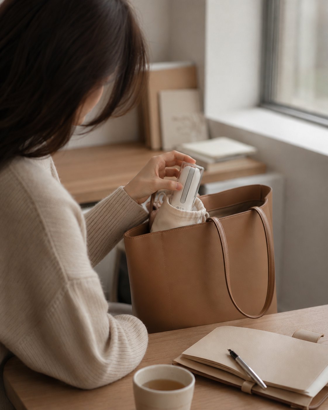 女性側面從駝色手提包中取出 HEREU 收納袋,辦公桌上有茶杯與筆記本