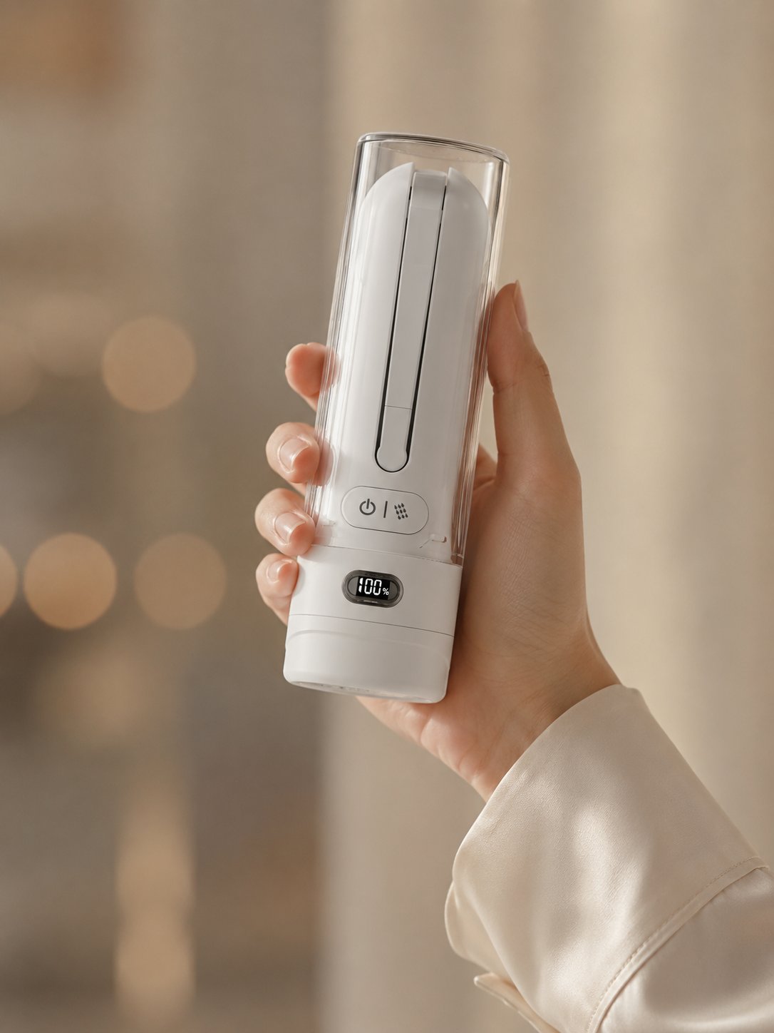 女性手持 HEREU 隨身潔淨機,顯示 100% 電量,穿著奶白絲質襯衫